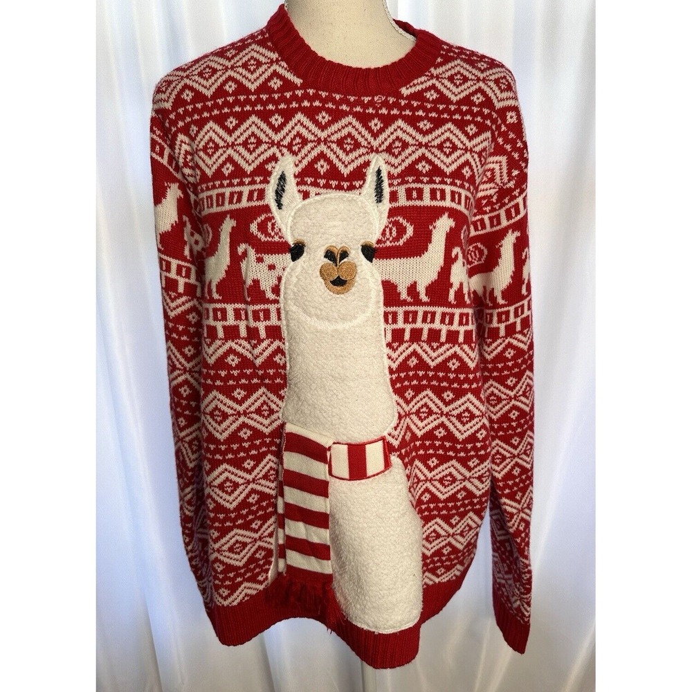 Blizzard Bay Sweater Size L  Ugly Christmas Sweater Llama Red White Pullover